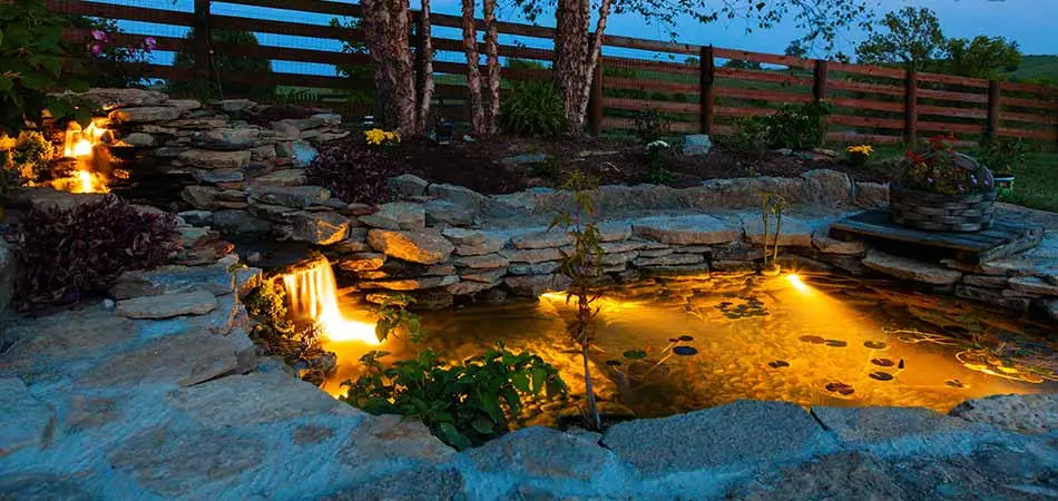 Outdoor lighting can spotlight ponds as well as landscaping in Winter Park, CO.
