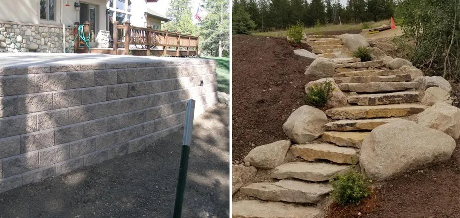 Siloam stone steps installed at a residential property in Tabernash with boulder border and retaining wall installation.